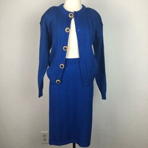 Royal blue skirt and sweater set.